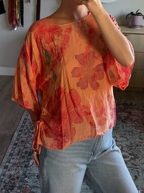 Y2K Coral Floral Ruched Side Boho Blouse M/L
